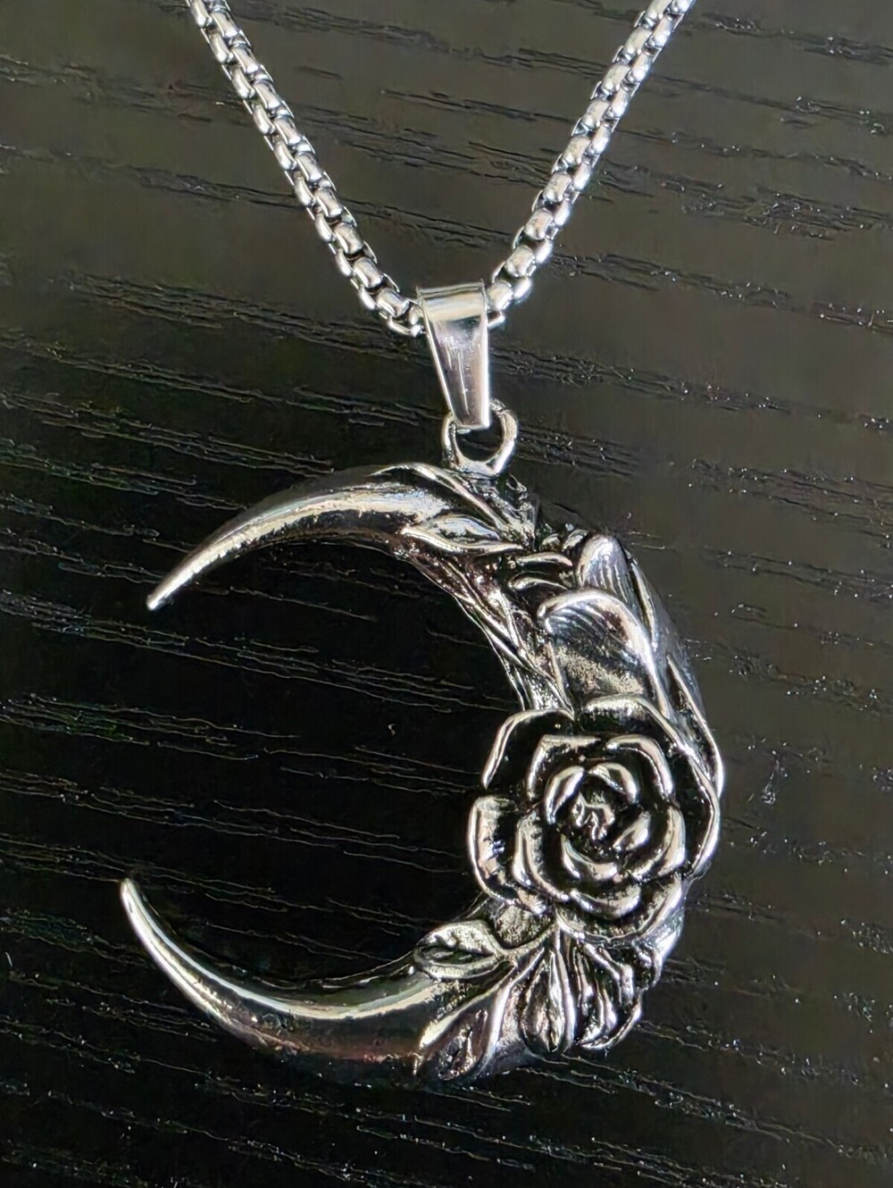 Silver Goth Crescent Rose Moon Chain Necklace